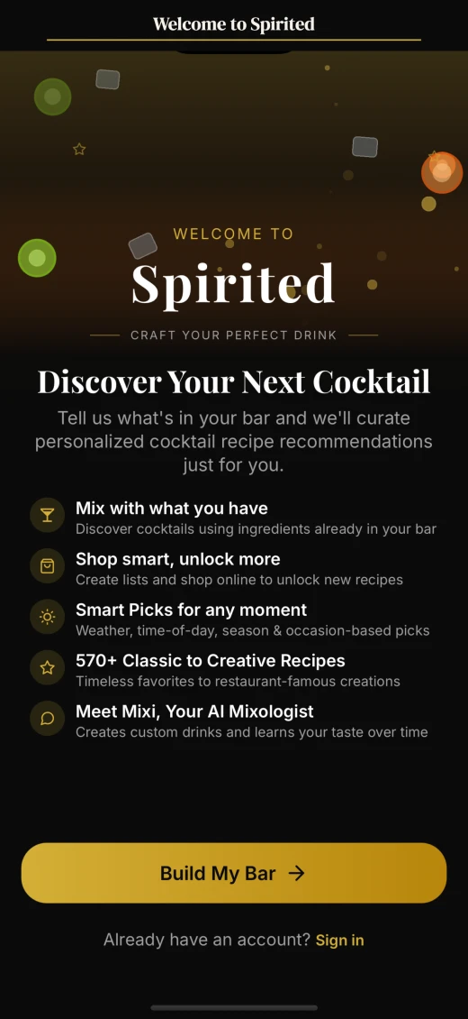 Spirited app welcome screen