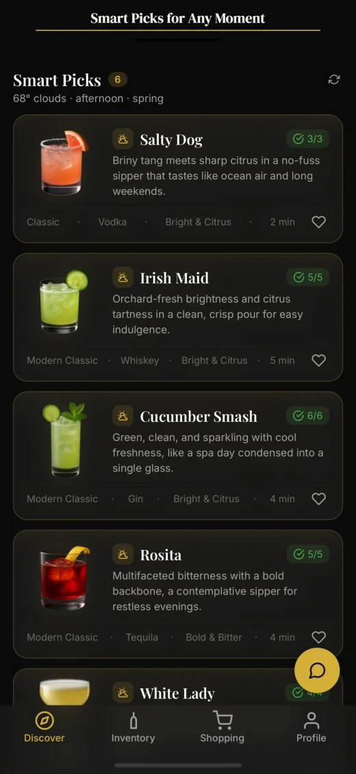 Smart Picks screen with weather-aware cocktail suggestions