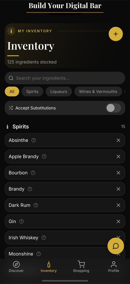 Spirited inventory screen showing 125 ingredients with category filters