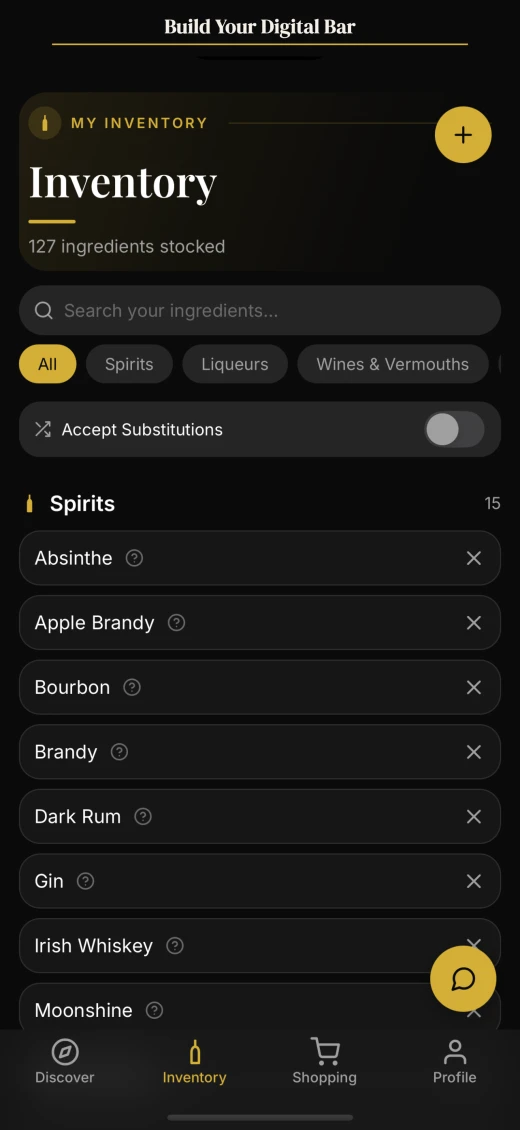 Spirited inventory screen showing 127 ingredients with category filters