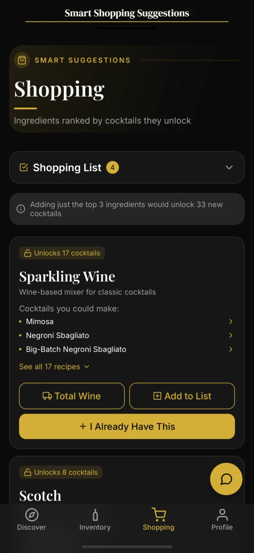 Shopping suggestions showing ingredients ranked by cocktails unlocked
