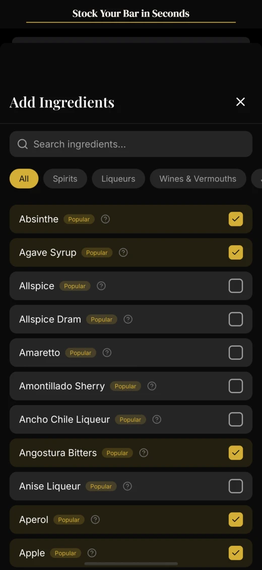 Add ingredients selection grid